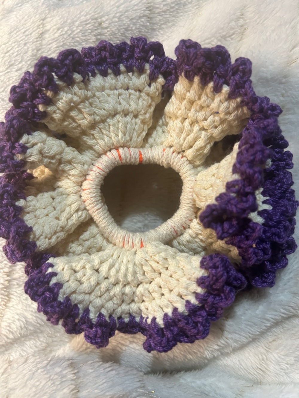 Hand Crafted Cream and Purple Crochet Ruffled Hair Scrunchie